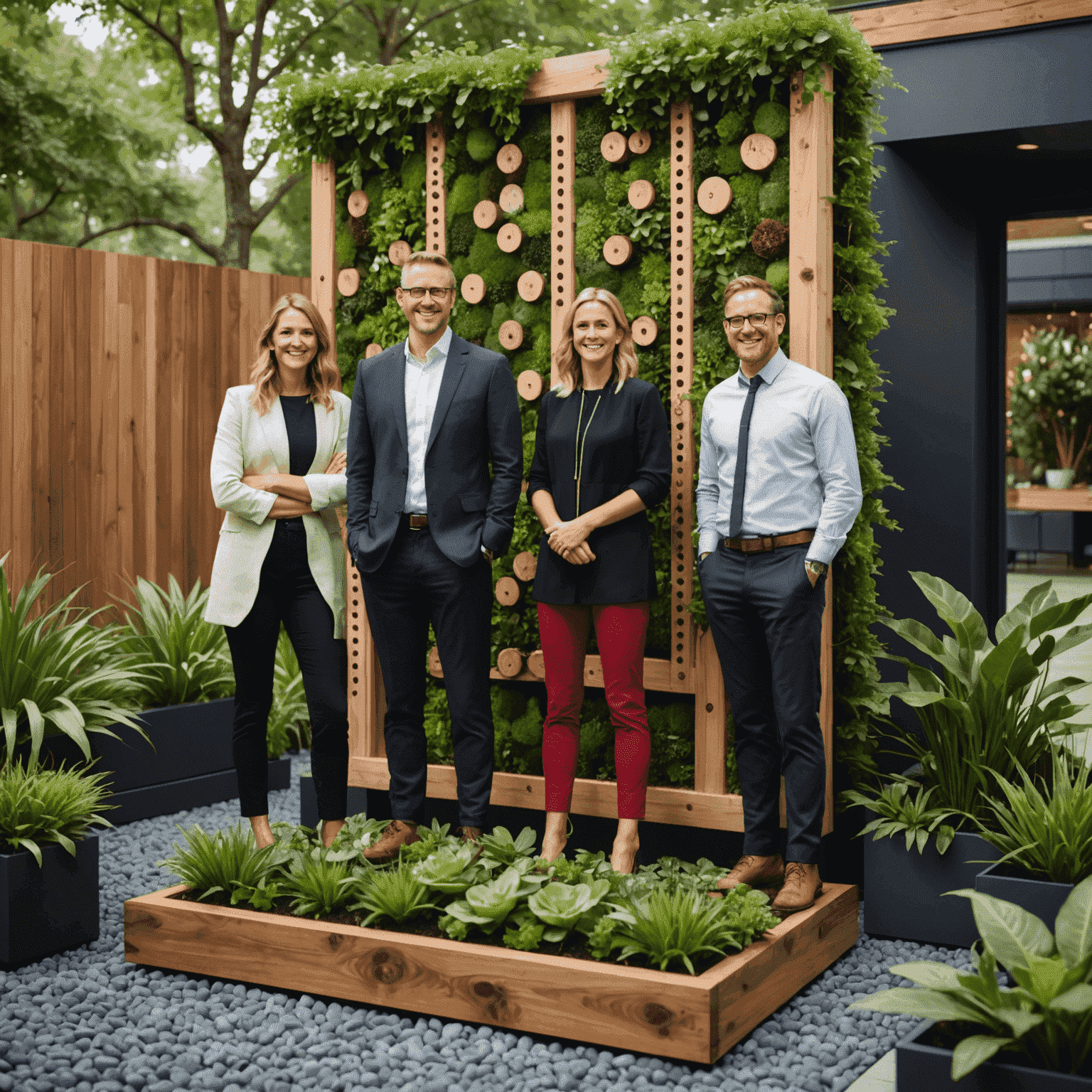 The Plinkology team standing in a beautifully designed garden with Plinko-inspired elements, such as a vertical garden resembling a Plinko board and a cascading water feature mimicking the path of Plinko chips