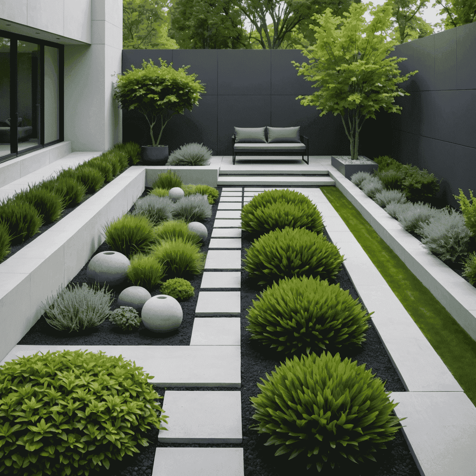 A sleek, minimalist garden with clean lines, geometric shapes, and a monochromatic color scheme. Features modern sculptures and carefully placed architectural plants.