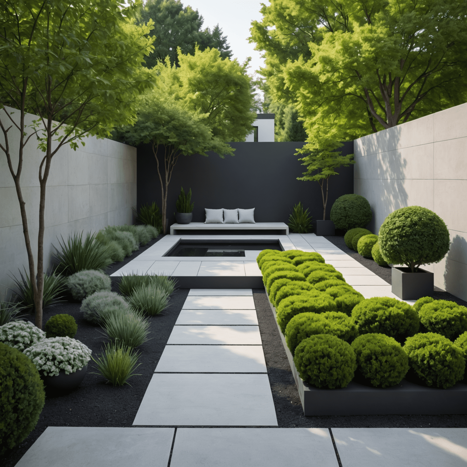 A sleek, minimalist garden with clean lines, geometric shapes, and a monochromatic color scheme. Features modern sculptures and carefully placed architectural plants.