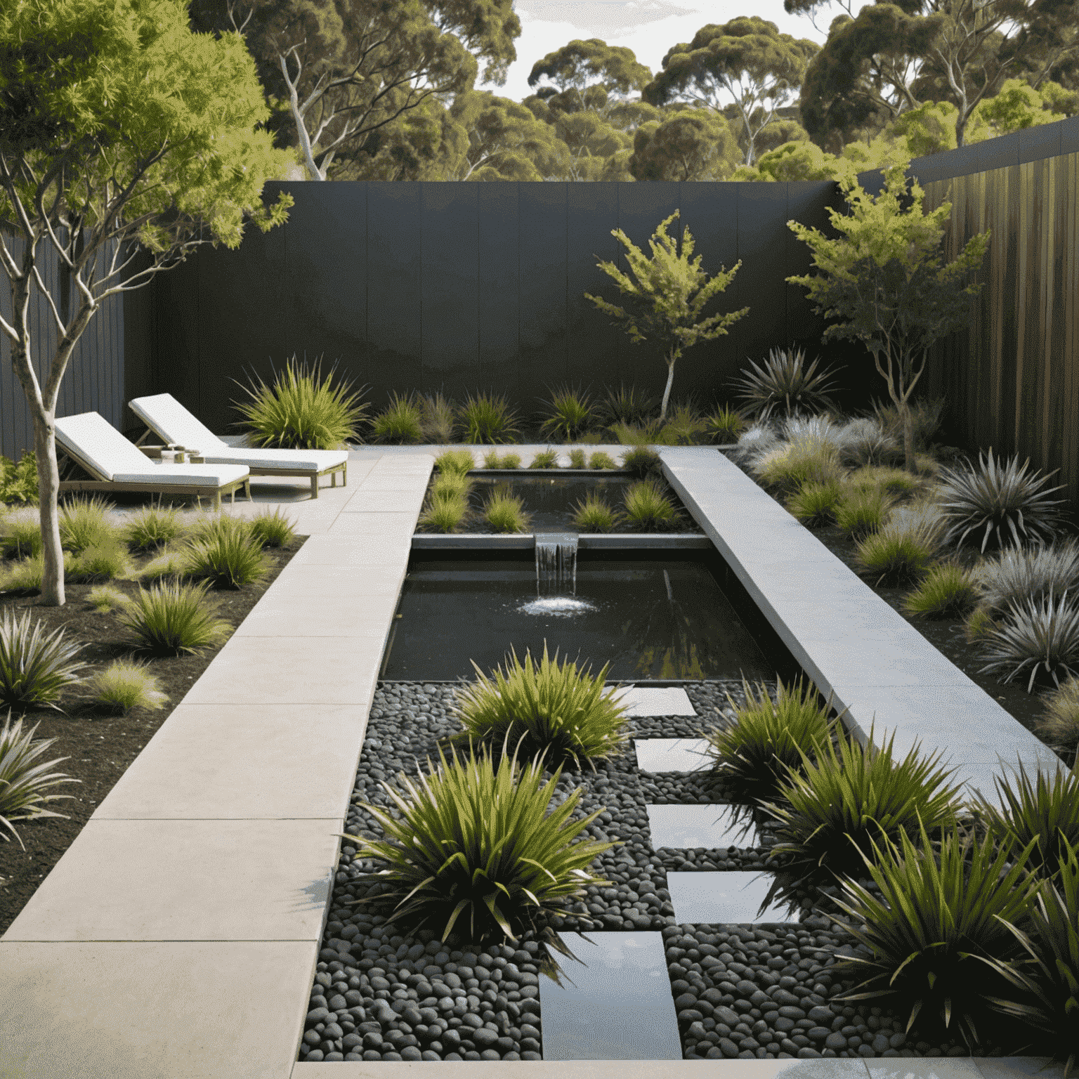 A sleek, modern Australian garden with clean lines, geometric shapes, and a minimalist water feature. Native plants are strategically placed to create a balanced, low-maintenance landscape.