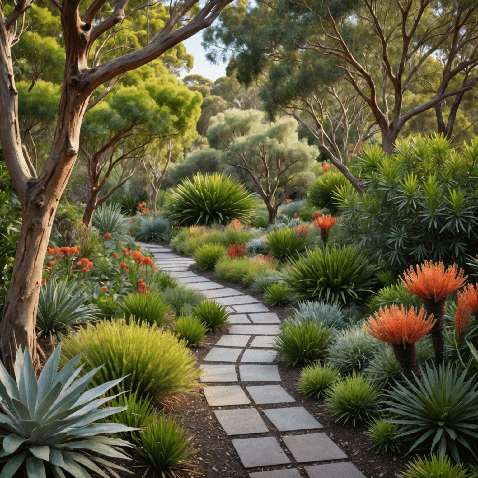 A lush native Australian garden featuring a variety of indigenous plants, including Banksia, Grevillea, and Eucalyptus trees. A winding path leads through the garden, with a small water feature visible in the background.