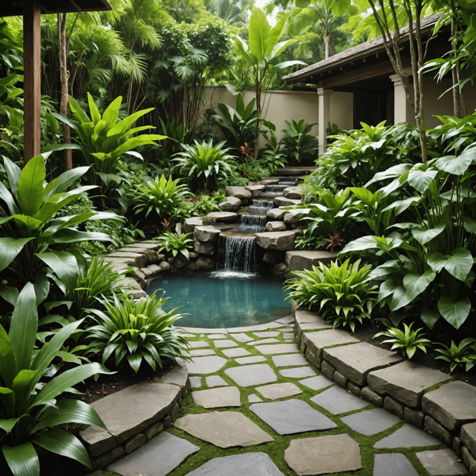 A lush backyard with tropical plants, a stone pathway, and a small water feature reminiscent of Balinese design