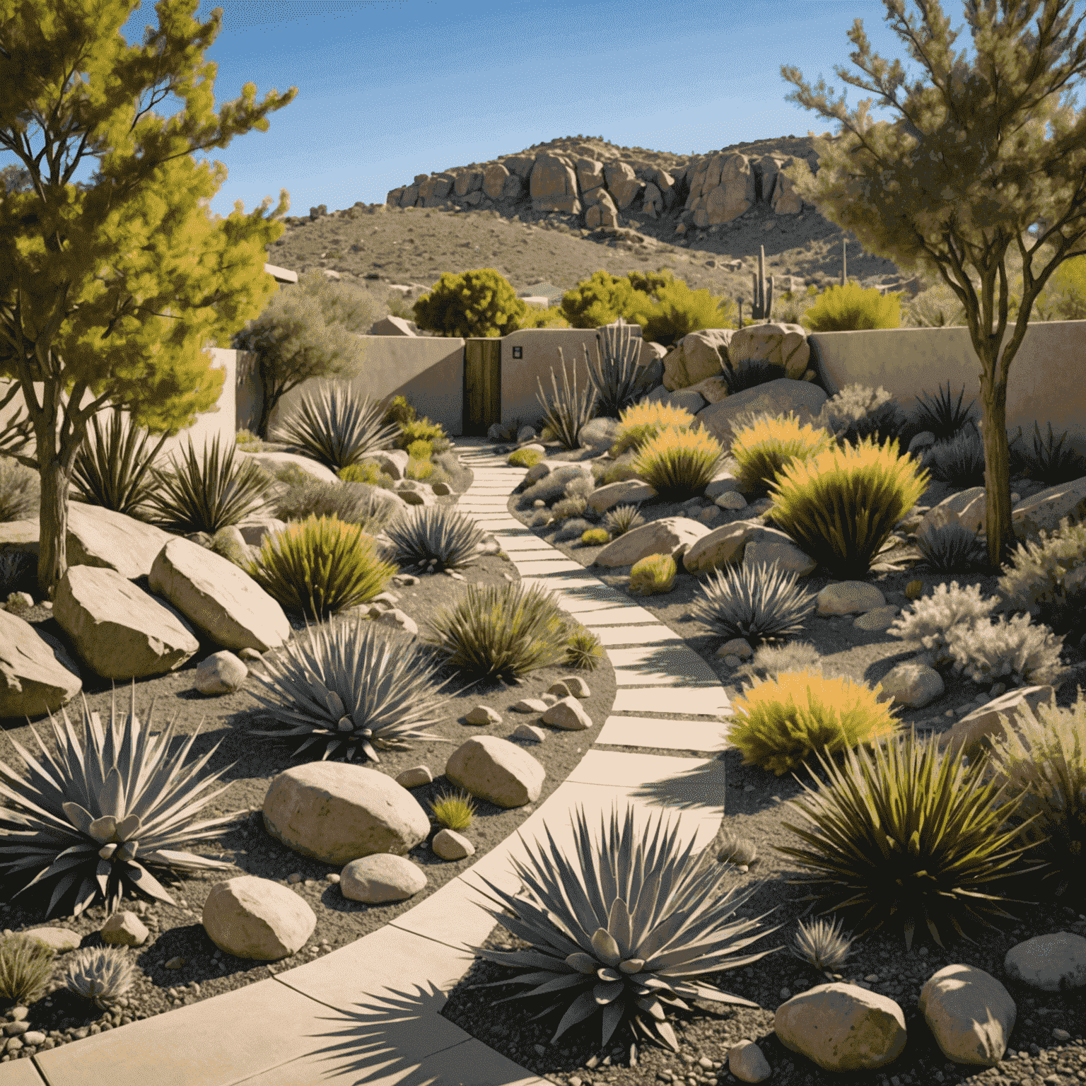 A beautifully xeriscaped garden featuring drought-resistant native Australian plants, rock formations, and efficient irrigation system in a dry, sunny landscape