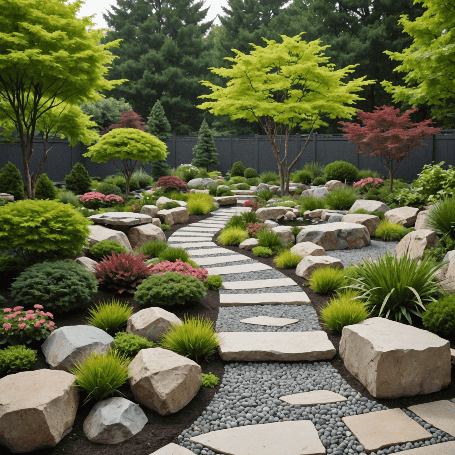 A harmonious garden featuring a blend of Asian-inspired rock garden with European-style flower beds, showcasing the fusion of Eastern and Western landscape design