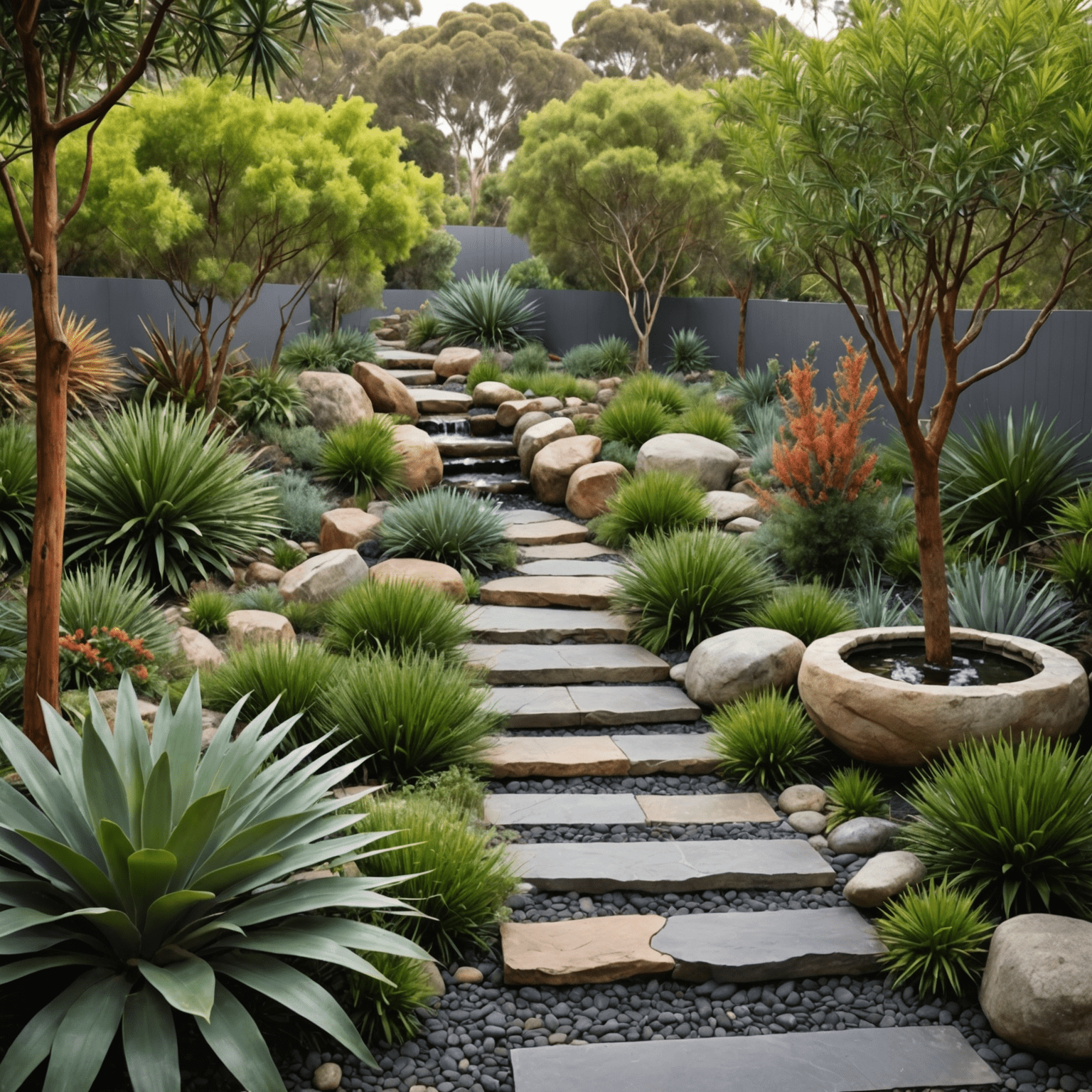 A lush garden filled with native Australian plants such as Banksia, Grevillea, and Eucalyptus. Natural stone pathways and a small water feature blend seamlessly with the indigenous flora.