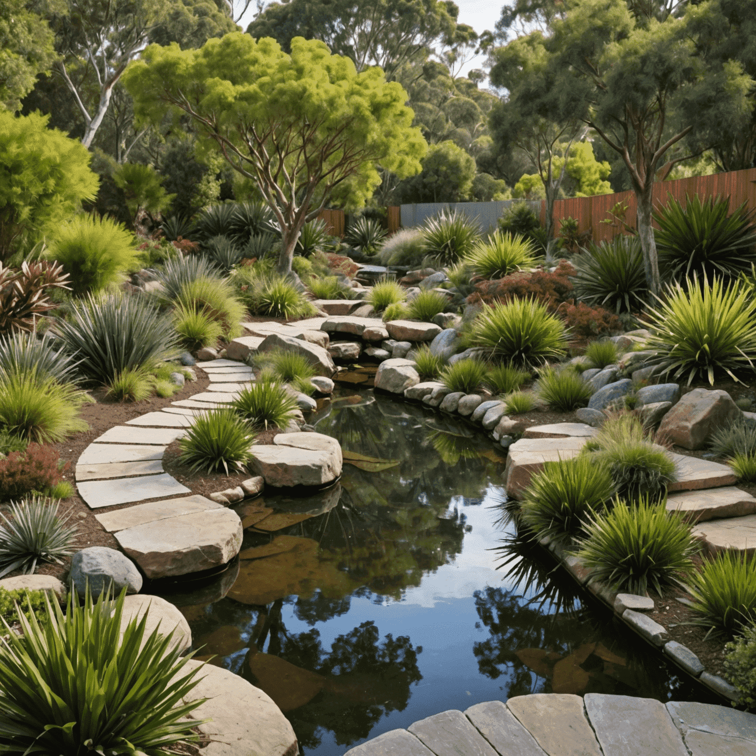 A lush garden filled with native Australian plants such as Banksias, Grevilleas, and Eucalyptus trees. Natural stone pathways and a small billabong (pond) add to the authentic feel.