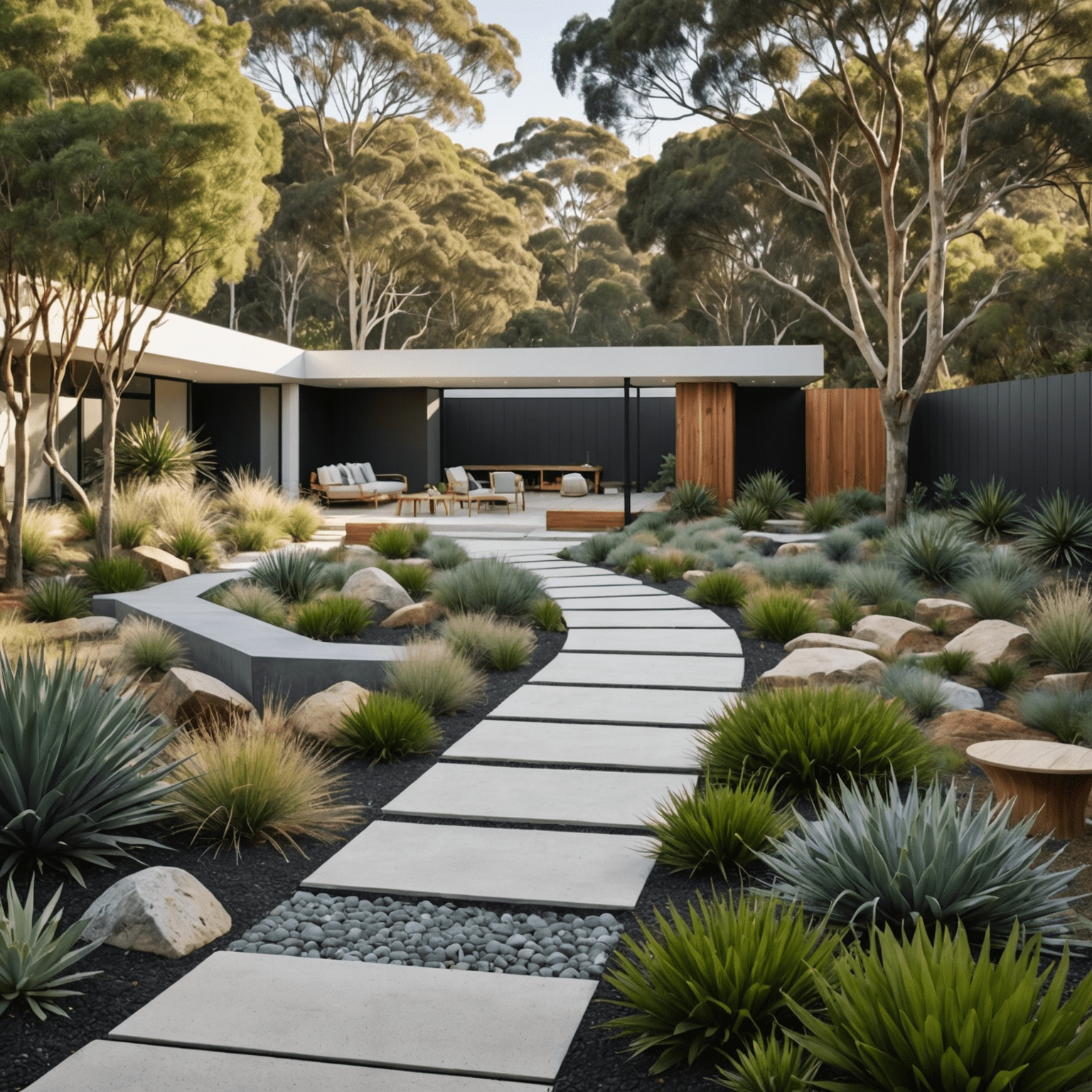 A collage showcasing key elements of modern minimalist Australian landscapes: native plants, geometric water feature, clean-lined pathways, and functional outdoor living spaces.