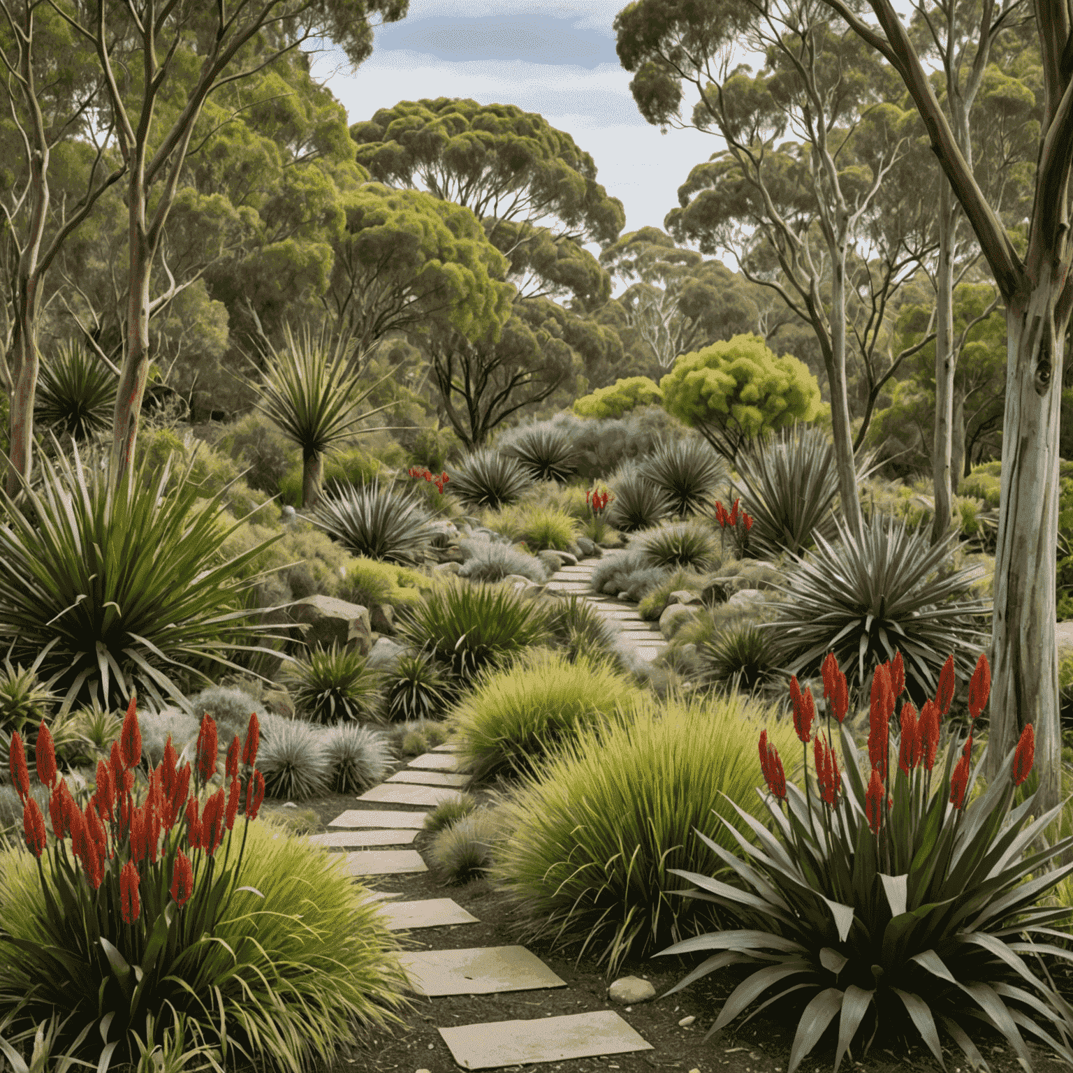 A layered native Australian garden showcasing various heights of plants. In the foreground, low-growing ground covers and small shrubs. In the middle ground, medium-sized plants like Kangaroo Paw and Grass Trees. In the background, taller Eucalyptus and Banksia trees.