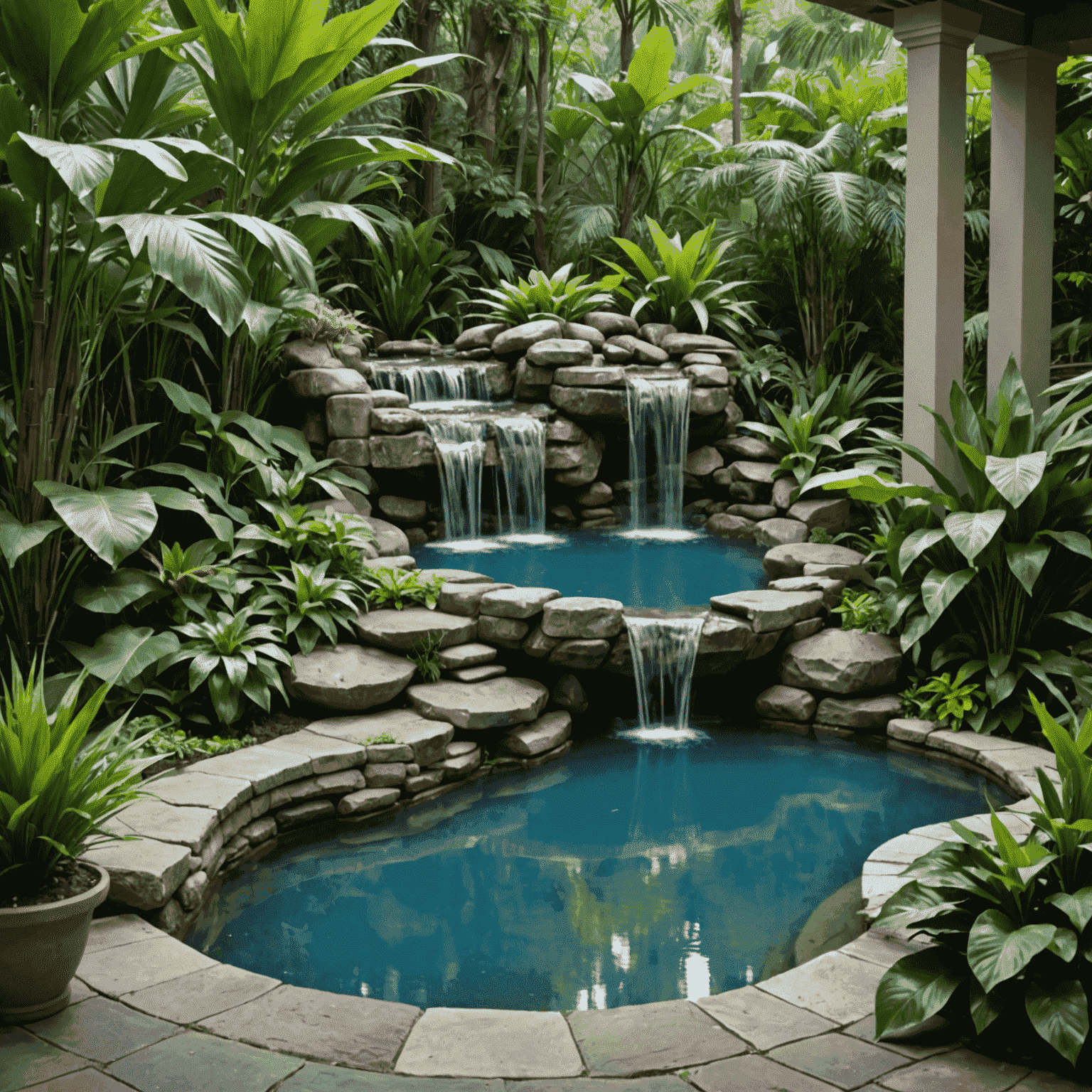 A serene water feature with stone sculptures and tropical plants surrounding it