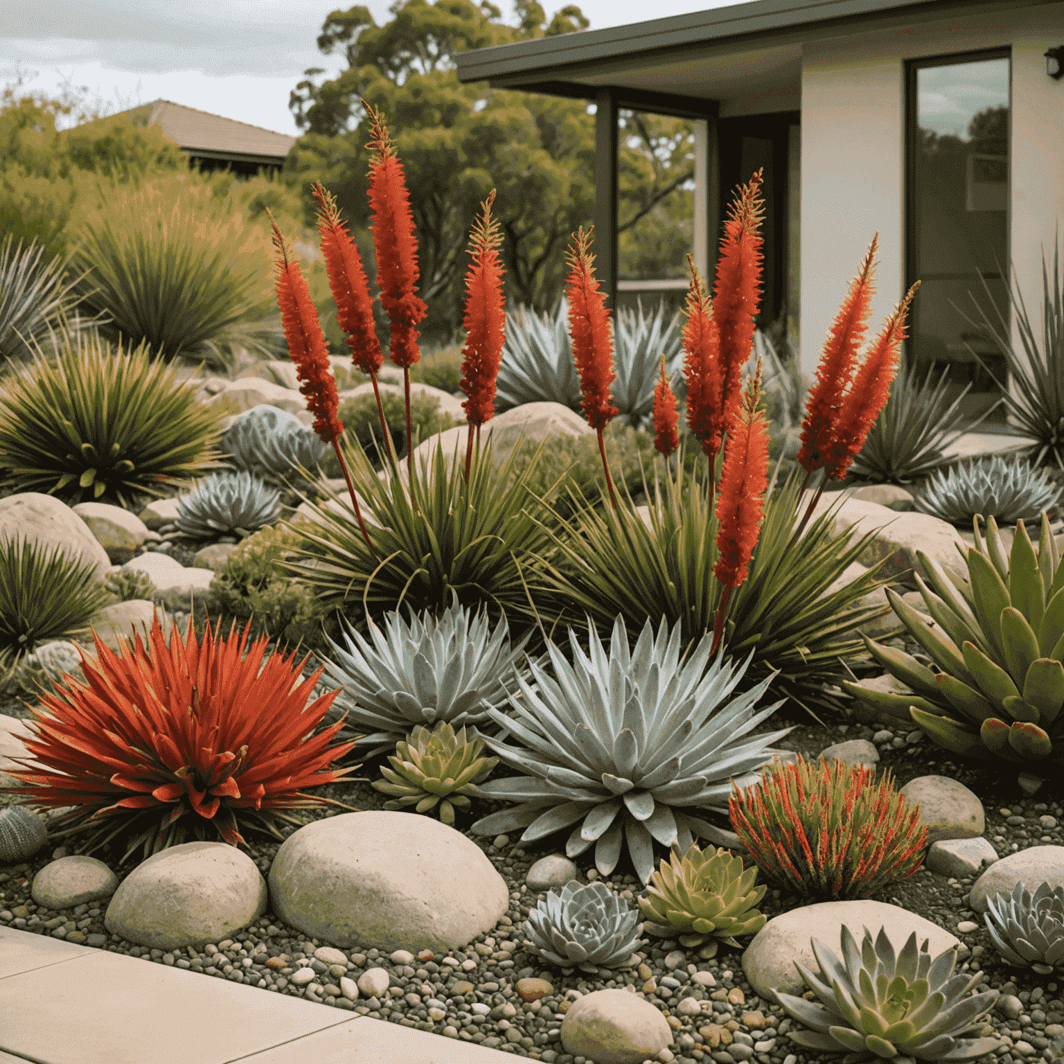 A collection of native Australian drought-resistant plants including Kangaroo Paw, Bottlebrush, and various succulents arranged in a xeriscape garden setting