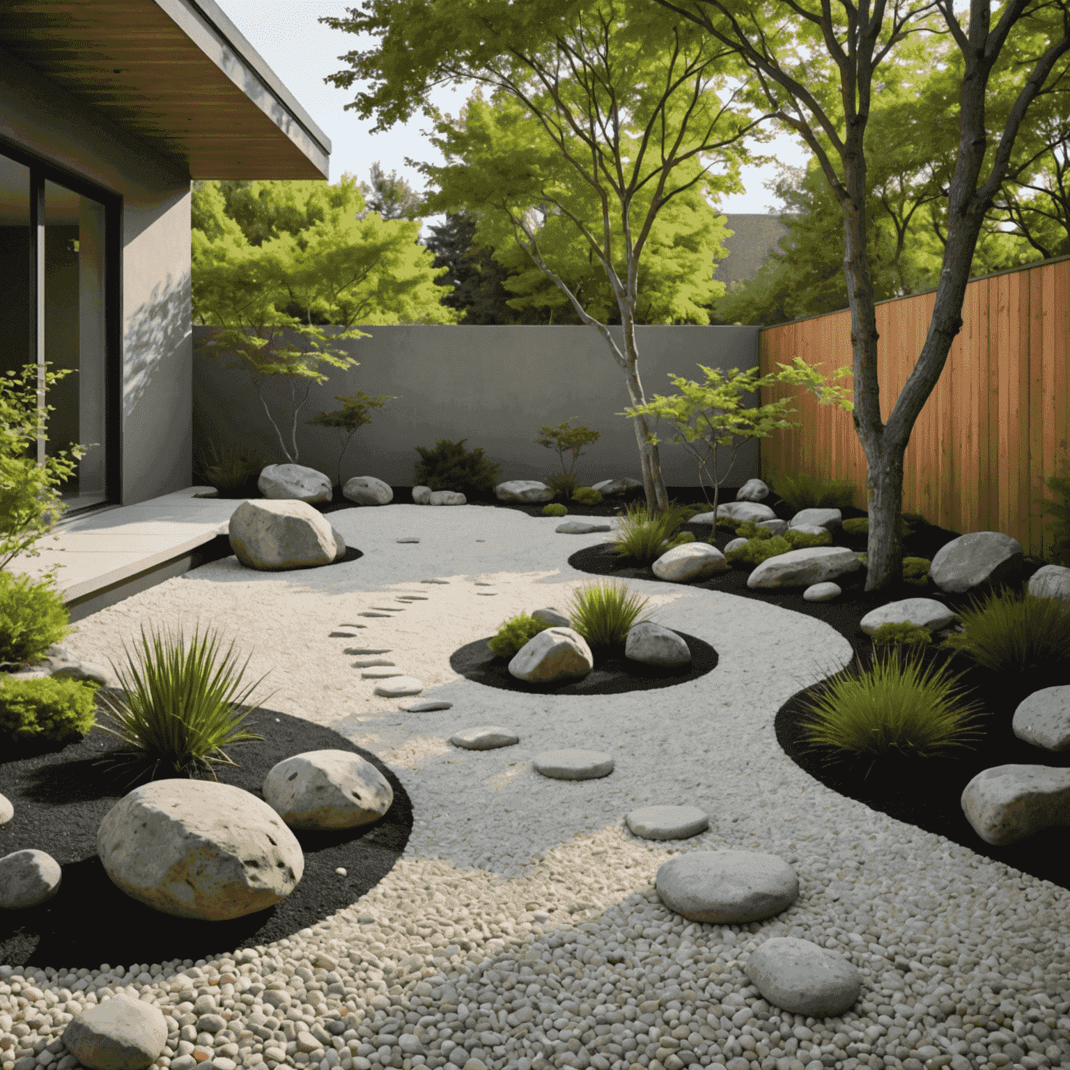 A minimalist Zen-inspired rock garden with raked gravel and carefully placed stones, showcasing the Eastern influence in fusion landscape design