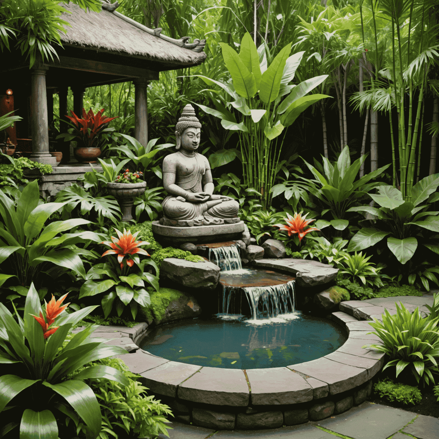 A lush, tropical garden with dense foliage, colorful flowers, and Balinese-inspired elements such as stone statues, water features, and bamboo accents.