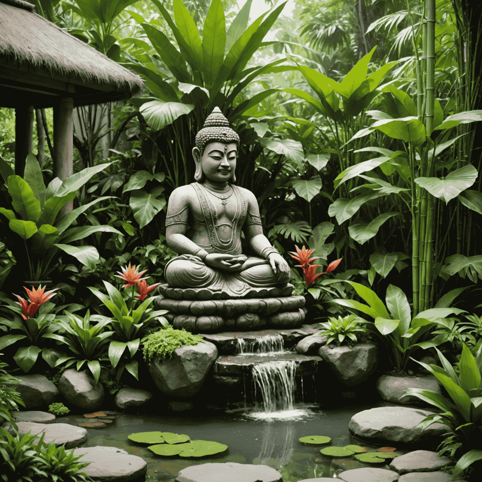 A lush, tropical garden with dense foliage, colorful flowers, and Balinese-inspired elements such as stone statues, water features, and bamboo accents.