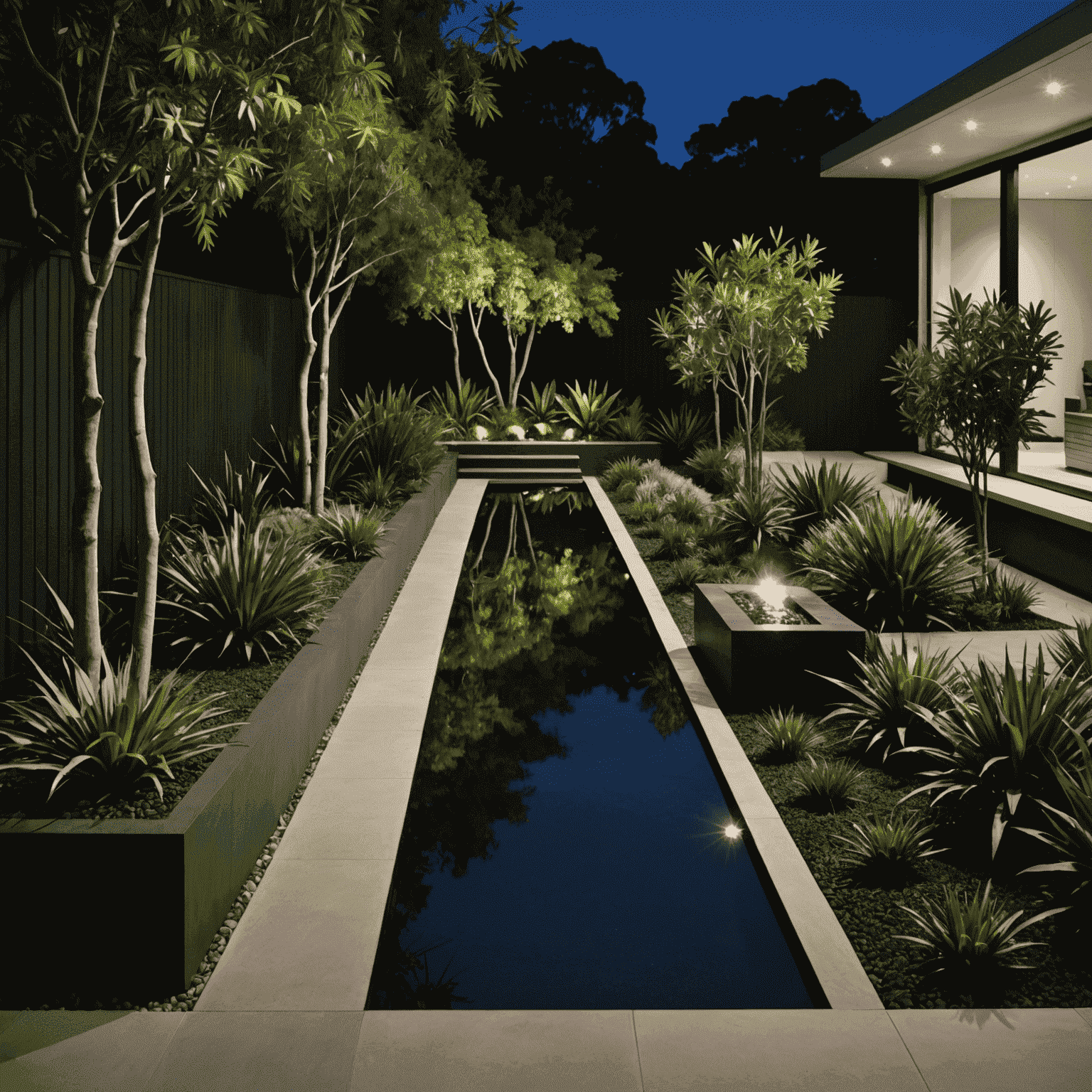 A modern minimalist Australian garden at night, showcasing strategic lighting that highlights architectural plants, a sleek water feature, and creates interesting shadows on clean-lined pathways.