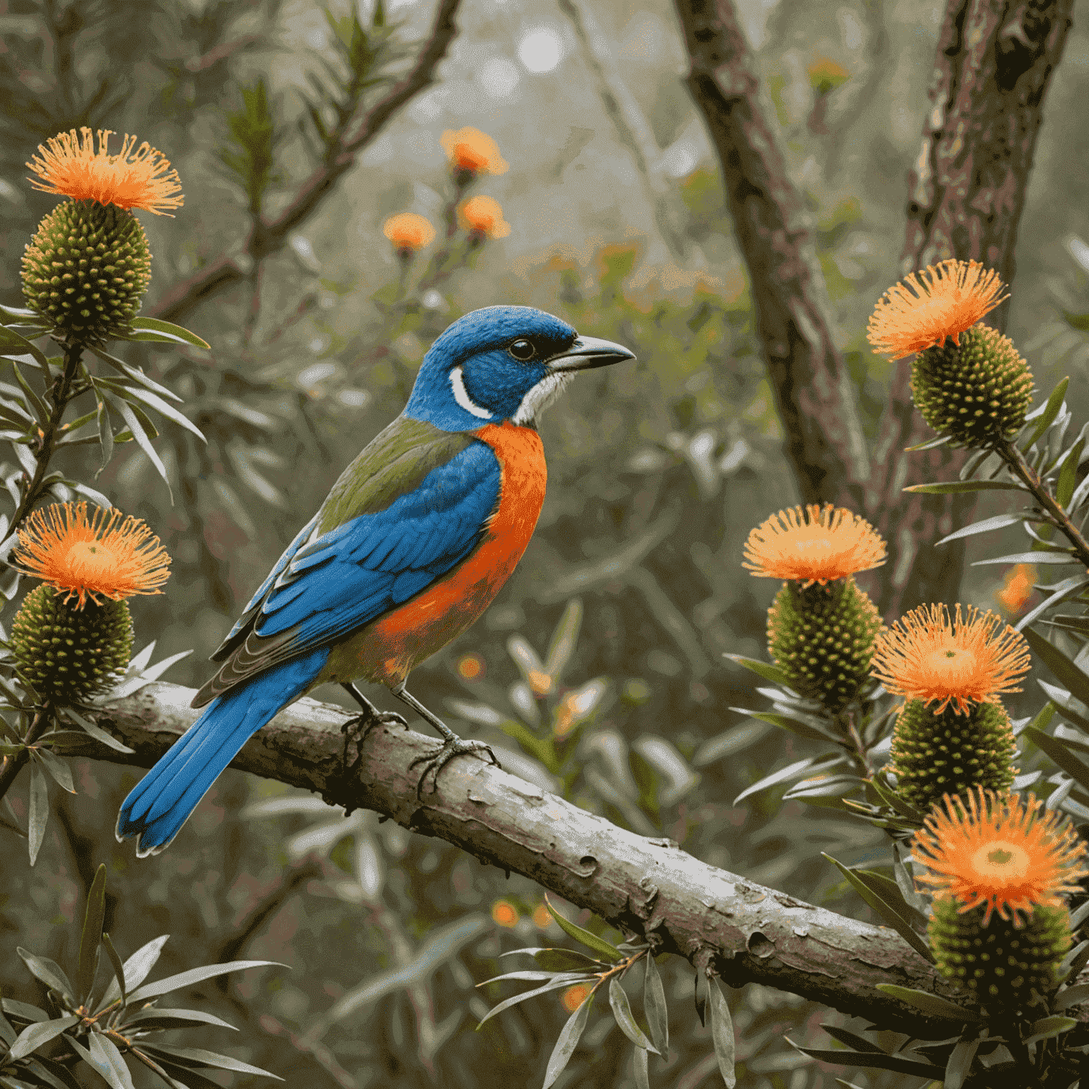 A colorful native bird perched on a Banksia flower in a native Australian garden. In the background, various indigenous plants can be seen, and a small lizard is visible on a nearby rock.