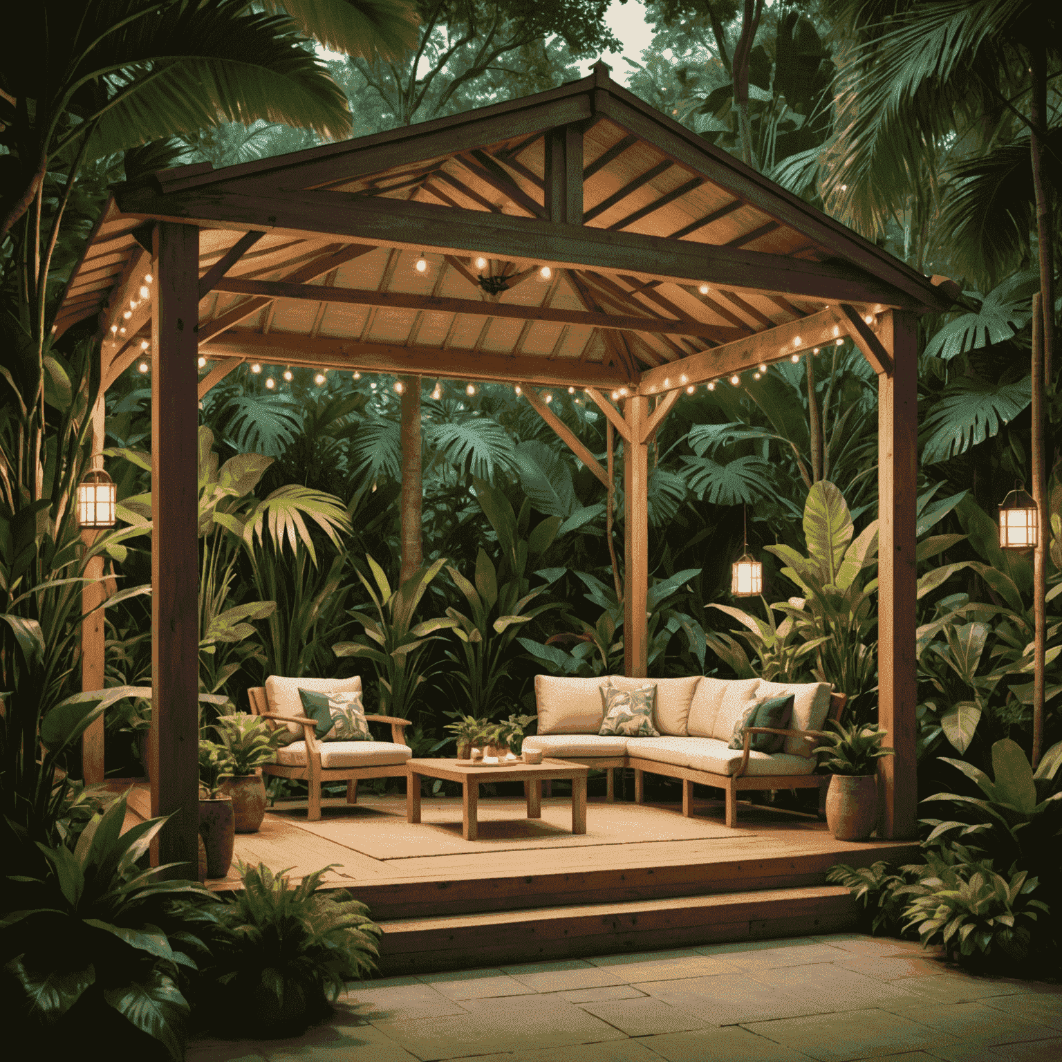 A wooden pavilion with comfortable seating, surrounded by tropical plants and soft lighting