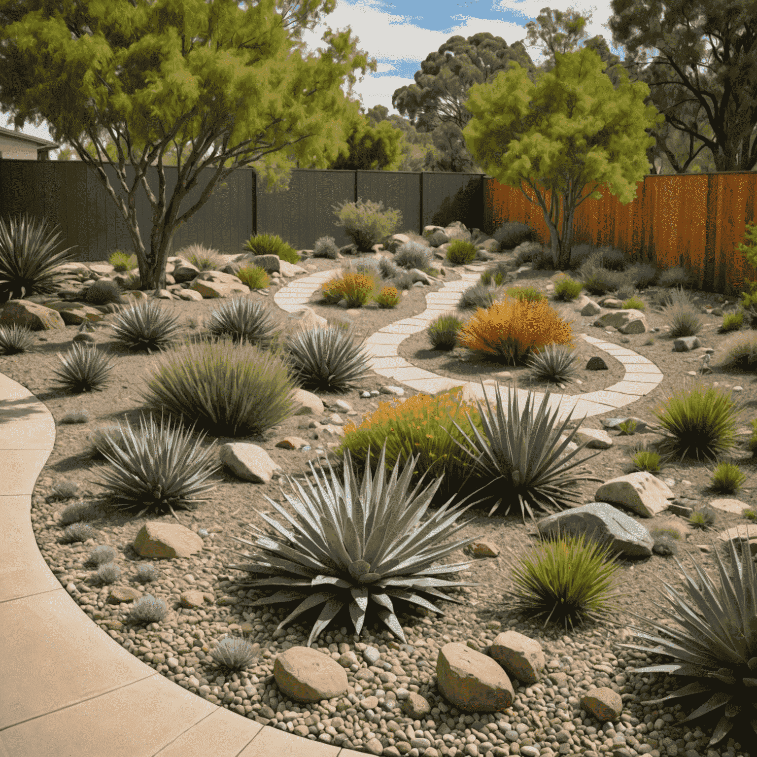 A well-designed Australian xeriscape featuring a mix of native plants, rock formations, gravel pathways, and an efficient drip irrigation system