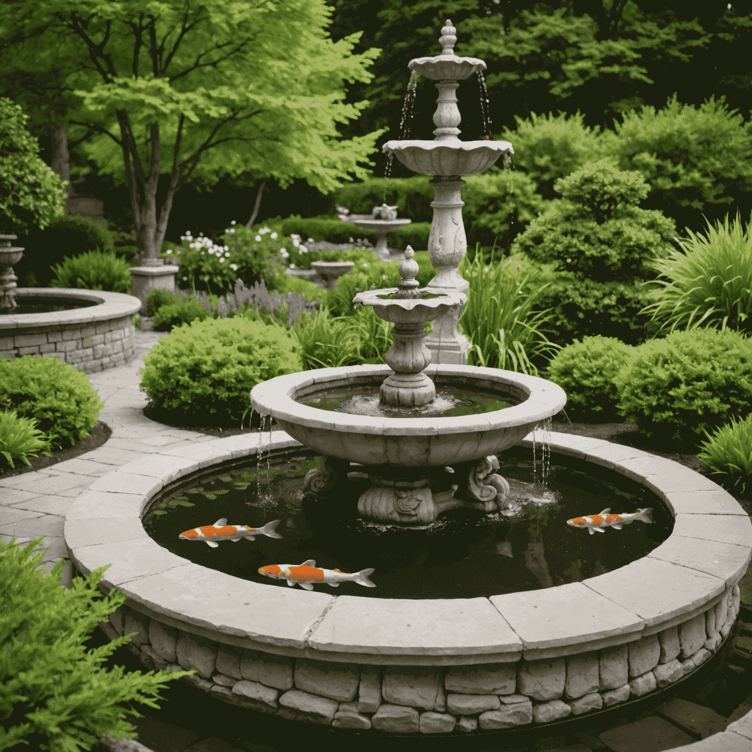 A garden water feature combining a tranquil koi pond with a classical European fountain, exemplifying the fusion of Eastern and Western design elements