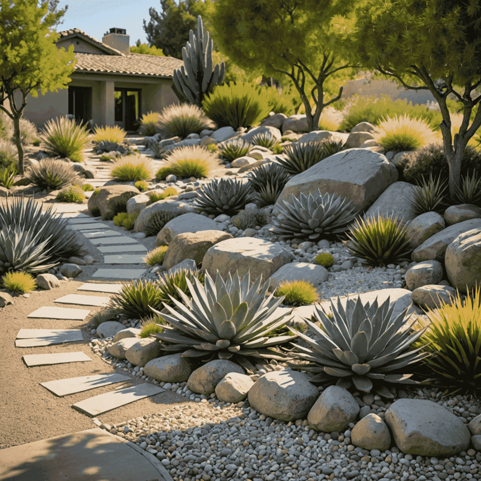 A drought-resistant landscape featuring a variety of succulents, native grasses, and rock gardens. Gravel pathways and strategically placed boulders create visual interest.