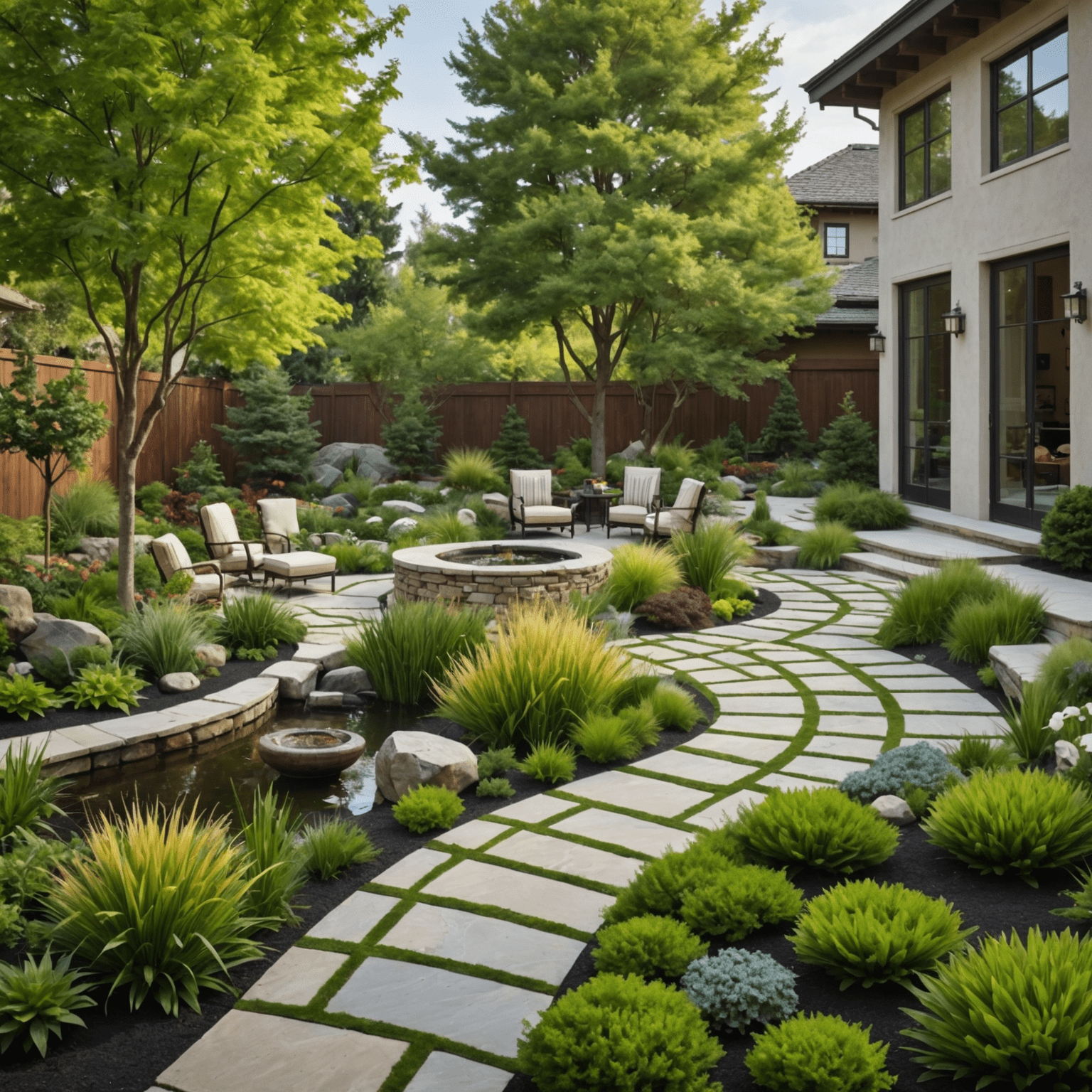 A panoramic view of a complete fusion garden landscape, showcasing the seamless integration of Eastern and Western design elements including Zen-inspired areas, formal European-style sections, diverse plant life, and harmonious architectural features