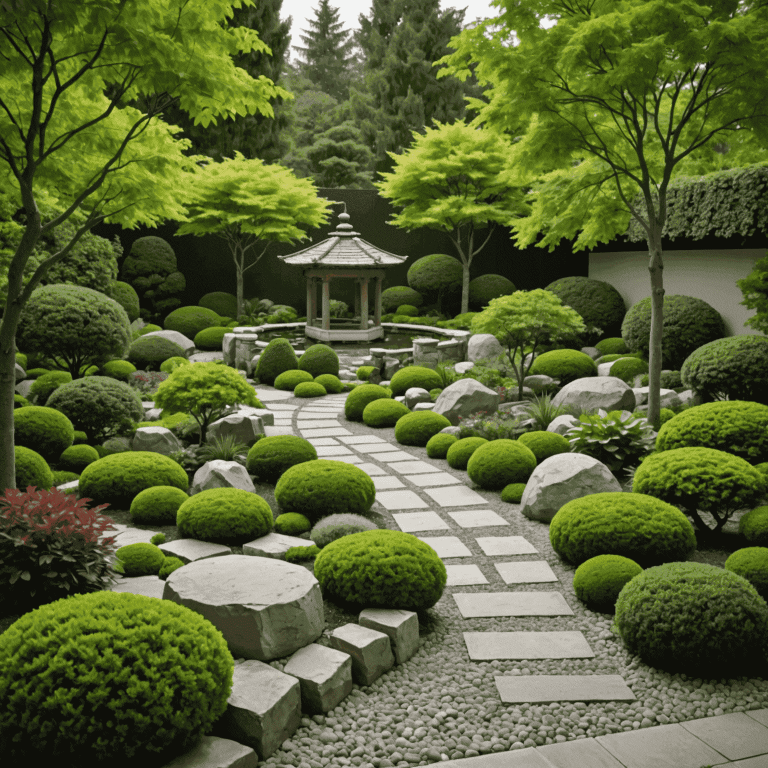 A harmonious blend of Eastern and Western garden elements, featuring a zen rock garden alongside formal European-style hedges, with a mix of Asian and Mediterranean plants.